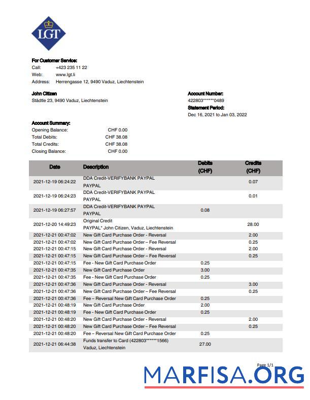Downloadable Liechtenstein LGT bank statement word.1 template